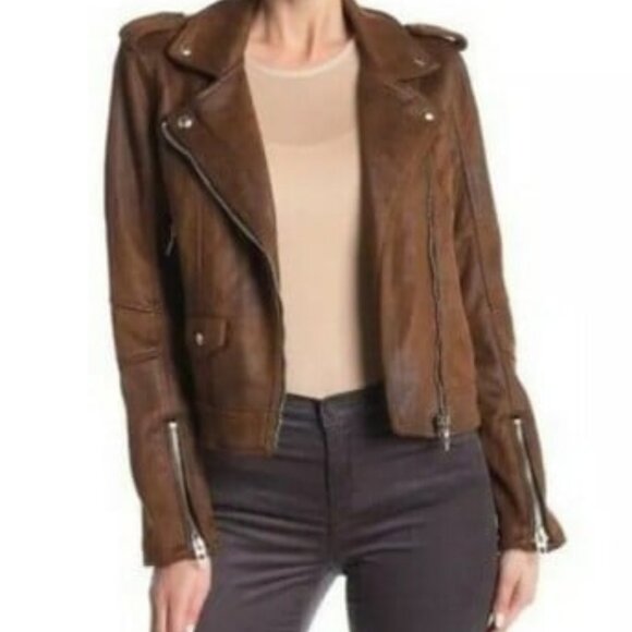 NWT BLANK NYC Asymmetric Zip Moto Jacket Vegan Suede Leather Whiskey Brown S - Picture 2 of 8